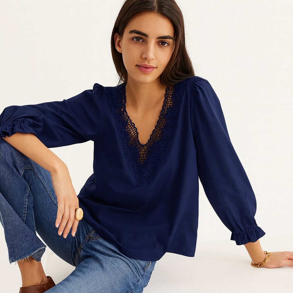 J. Crew Navy Puff Sleeve Eyelet Embroidered V Neck 100% Cotton Ruffled Blouse